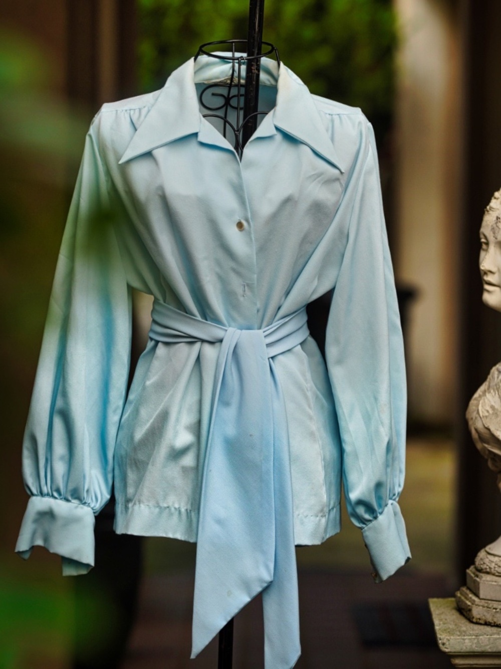 Vintage 1970s Judy Bond Light Blue Tie Waist Blouse | Made in USA